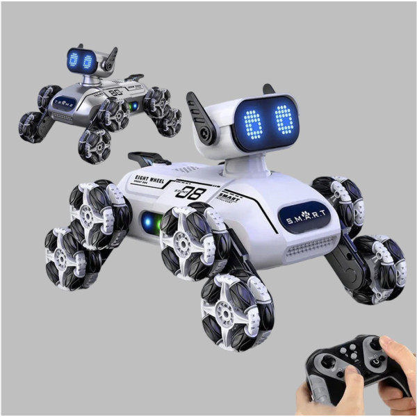 Интерактивный робот-собака CX-103 8 колесный трюковый RC пес на пульте 2.4 ГГц LED музыка серый белый