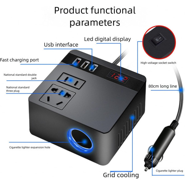 Автомобильный инвертор 150 Вт с адаптером прикуривателя и 3 USB портами, преобразователь напряжения 12В/24В на 220В, зарядное устр