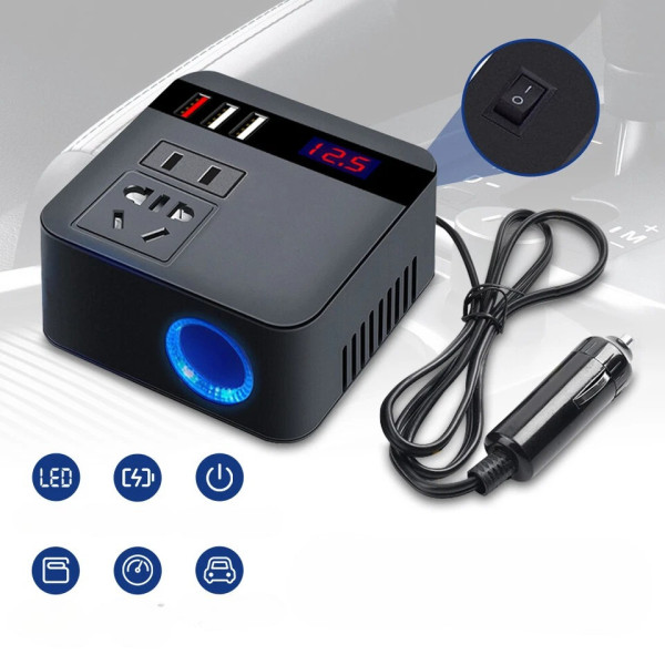 Автомобильный инвертор 150 Вт с адаптером прикуривателя и 3 USB портами, преобразователь напряжения 12В/24В на 220В, зарядное устр