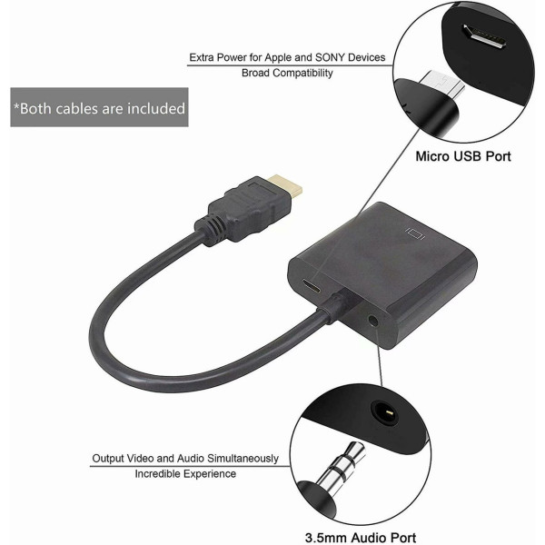 Конвертер HDMI на VGA + AV (аудио), адаптер HDMI VGA с аудиовыходом, переходник для монитора и проектора, черный