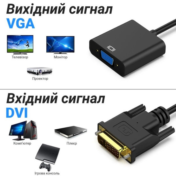 Адаптер DVI VGA Addap DVI2VGA-01, видео конвертер DVI на VGA, переходник для монитора и проектора Full HD 1080p