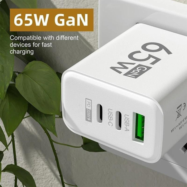 Зарядное устройство для телефона 65W GaN TRG-185 быстрая зарядка USB Type-C и USB-A адаптер питания белый