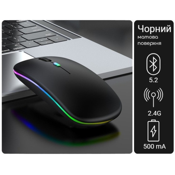 Беспроводная компьютерная мышь Bluetooth + USB 2.4Ghz с RGB-подсветкой, аккумуляторная мышка для ноутбука и компьютера черная