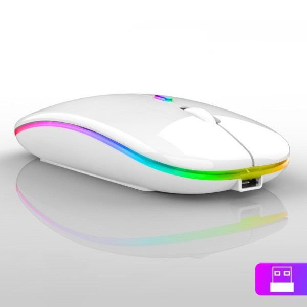 Беспроводная компьютерная мышь Bluetooth с USB-адаптером 2.4 ГГц, RGB-подсветкой, аккумуляторная, белая