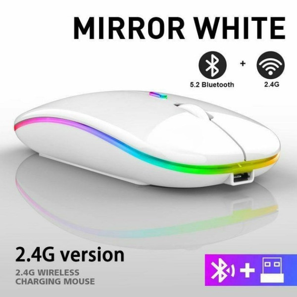 Беспроводная компьютерная мышь Bluetooth с USB-адаптером 2.4 ГГц, RGB-подсветкой, аккумуляторная, белая