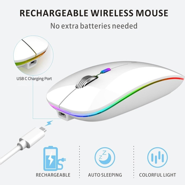 Беспроводная компьютерная мышь Bluetooth с USB-адаптером 2.4 ГГц, RGB-подсветкой, аккумуляторная, белая