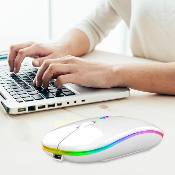 Беспроводная компьютерная мышь Bluetooth с USB-адаптером 2.4 ГГц, RGB-подсветкой, аккумуляторная, белая