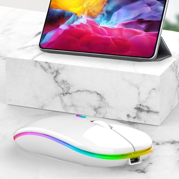 Беспроводная компьютерная мышь Bluetooth с USB-адаптером 2.4 ГГц, RGB-подсветкой, аккумуляторная, белая