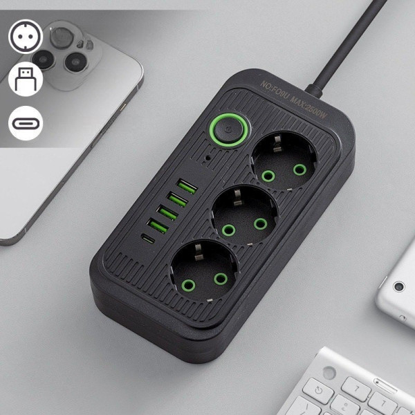 Сетевой удлинитель-разветвитель на 3 розетки из 4 USB-A и USB Type-C, кабель 2 м, 10 А