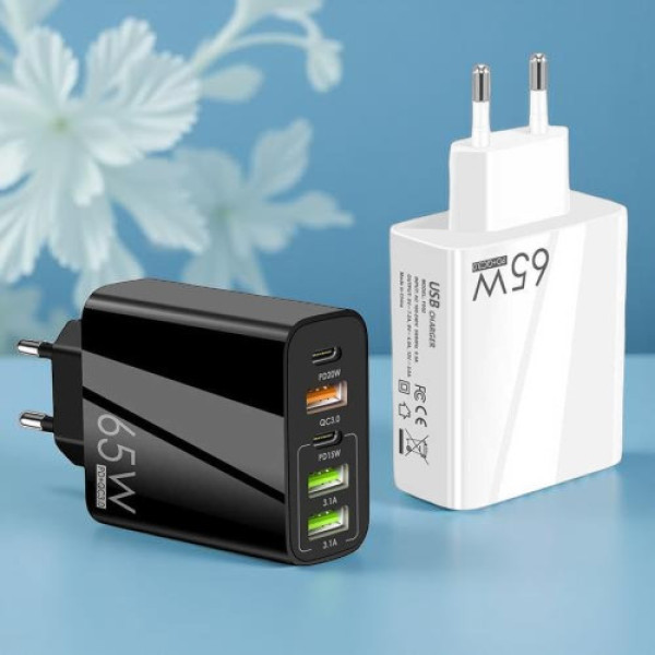 Сетевое зарядное устройство 65 Вт на 5 портов: 2 × USB Type-C PD и 3 × USB-A QC 3.0
