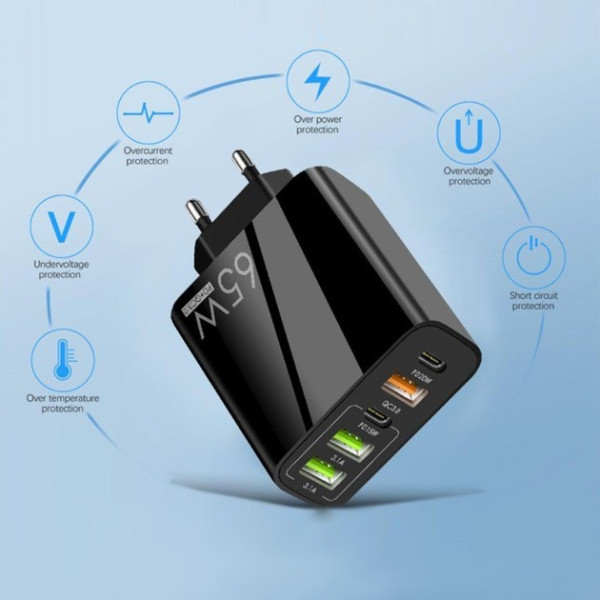 Сетевое зарядное устройство 65 Вт на 5 портов: 2 × USB Type-C PD и 3 × USB-A QC 3.0