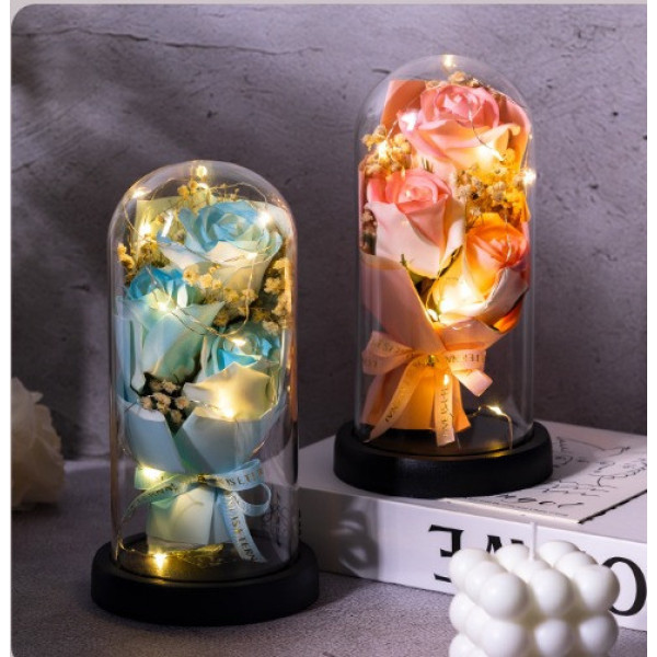 Декоративная композиция KR-04 из 3-х роз из мыла в колбе, LED подсветка, подарочный букет