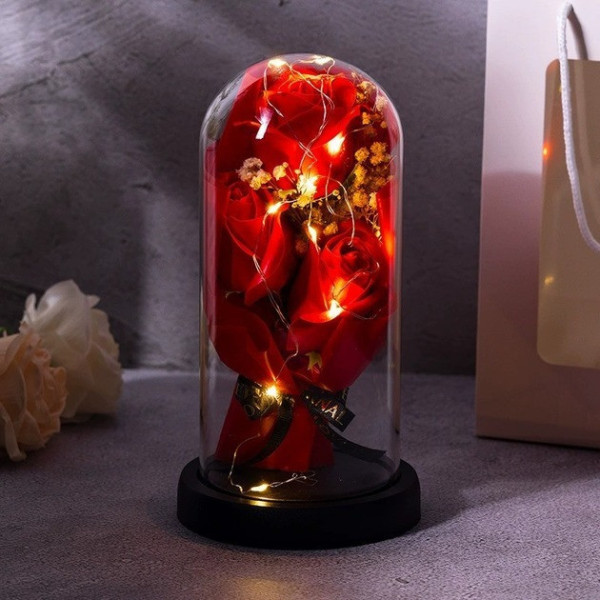 Декоративная композиция KR-04 из 3-х роз из мыла в колбе, LED подсветка, подарочный букет