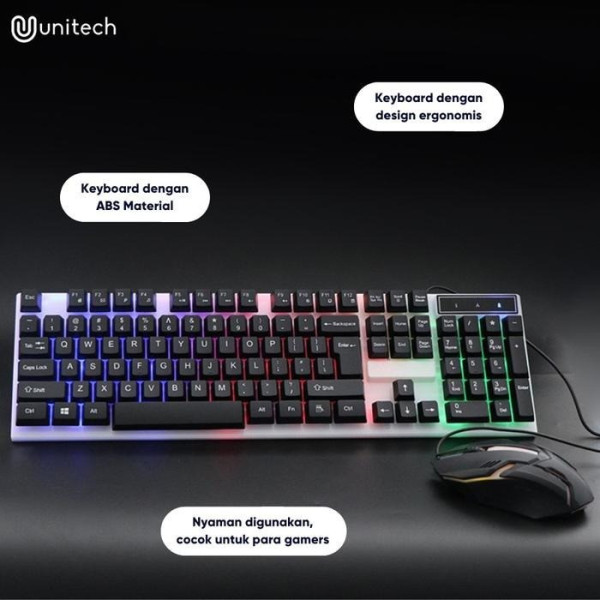 Проводной игровой комплект K518 Unitech с RGB-подсветкой клавиатура и мышь, черный