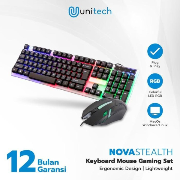 Проводной игровой комплект K518 Unitech с RGB-подсветкой клавиатура и мышь, черный