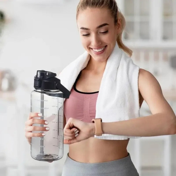 Спортивная бутылка для воды 2 л с трубочкой и ручкой, пластиковая, черная