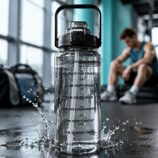 Спортивная бутылка для воды 2 л с трубочкой и ручкой, пластиковая, черная